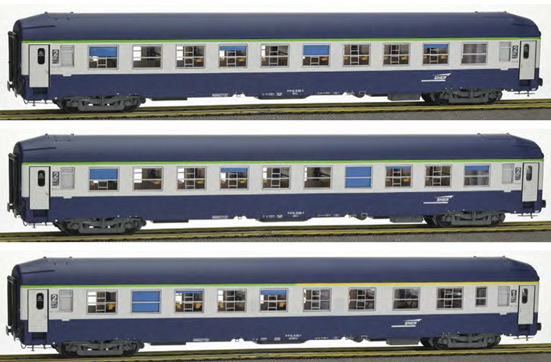 REE Modeles VB-227 - French SNCF Coach Set of three UIC Sleeping Cars TH (2 x B9c9x + 1 A4c4B5c5x), Blue/Grey, modern lo